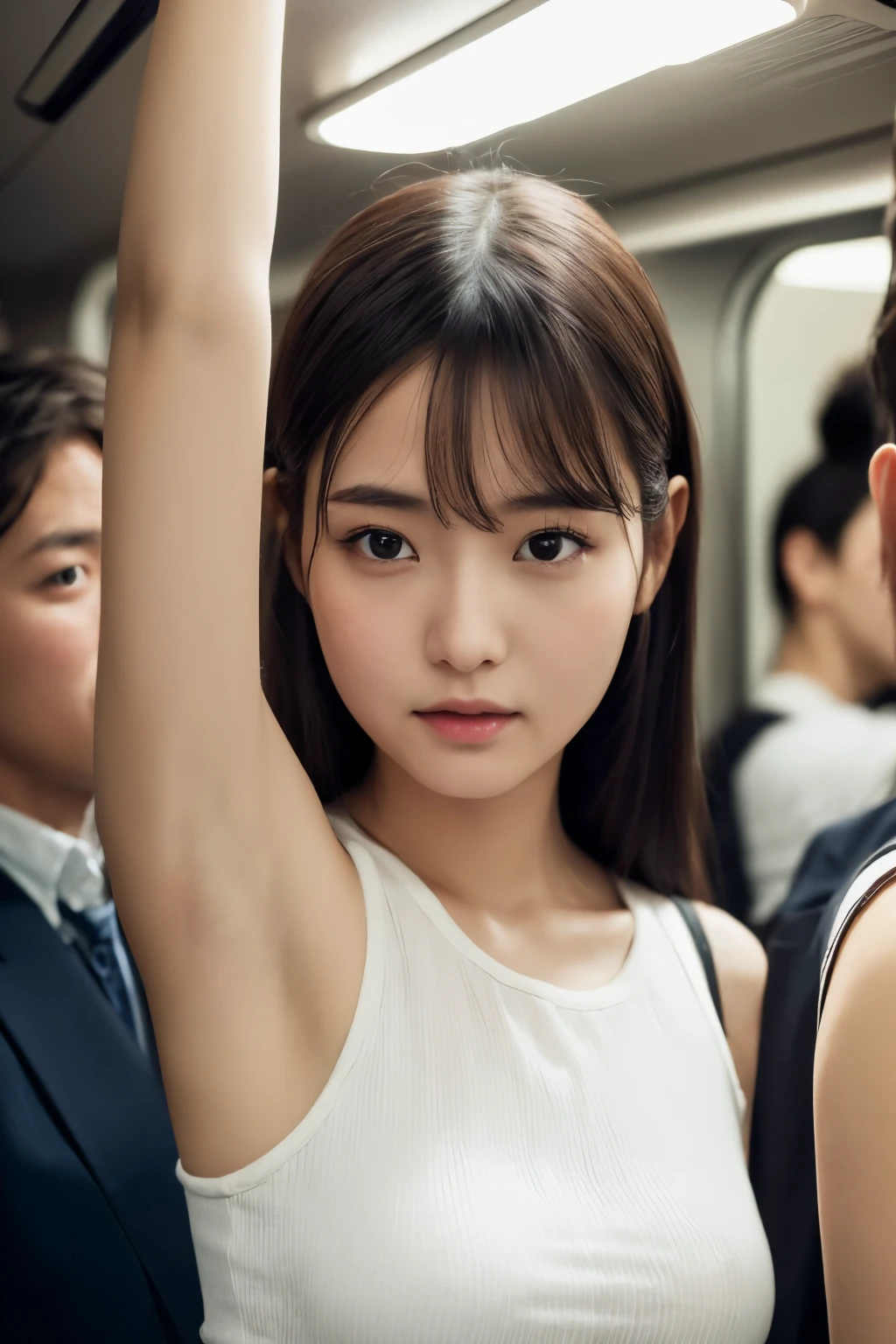(masterpiece:1.2), highest quality, high resolution, realistic, 1 Japanese girl, Baby Face, Small breasts, slender ,Young appearance, ((Wearing a sleeveless shirt)), ((showing her sweaty armpits)), ((upper body)), holding on to the railing of the train, presenting armpit, (looking away:1.4), (train interior:1.3), (crowded train:1.3),
upper body, (white shirts:1.5)