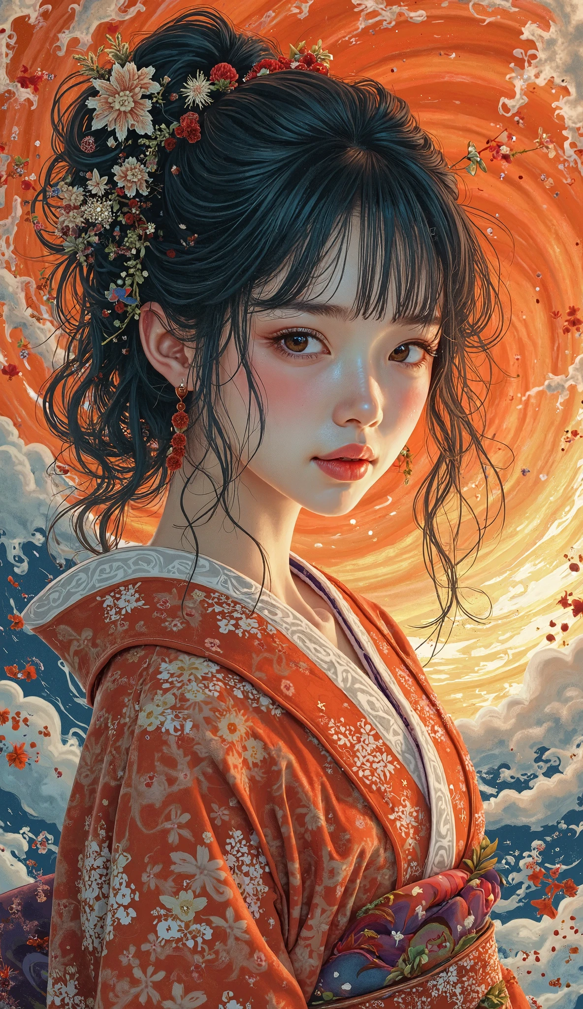 highdefinition images、Katsushika Hokusai manga(beautiful eyes、Look at every detail、multi-colored hair below the arm)、kimono that looks like a yukata、female lying down、葛飾北斎スタイルで渦巻く火のように見える highdefinition images、Kimono beauty、顔のdetails、highest quality ukiyo-e、details、high resolution image beauty。