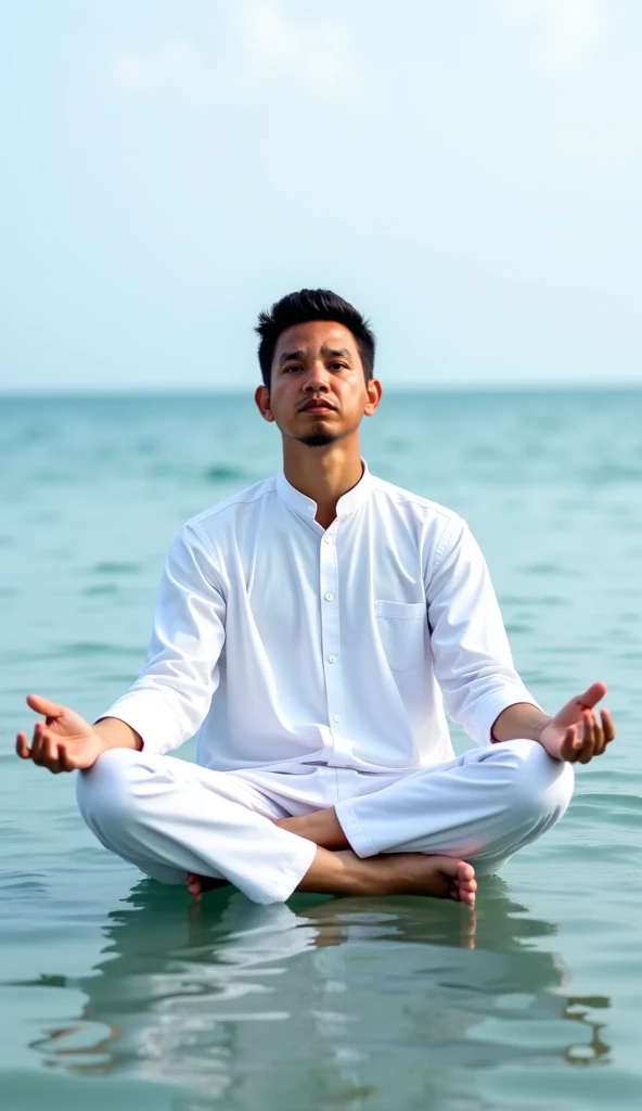 3D view, a huge blue lake surface, a white skinned man suspended in meditation on the water surface, with ripples under his feet. A perfect figure, handsome man, perfect abs, perfect muscle curves, a handsome man dressed in Hanfu Xianfeng Daogu ((Chinese style, Asian male))