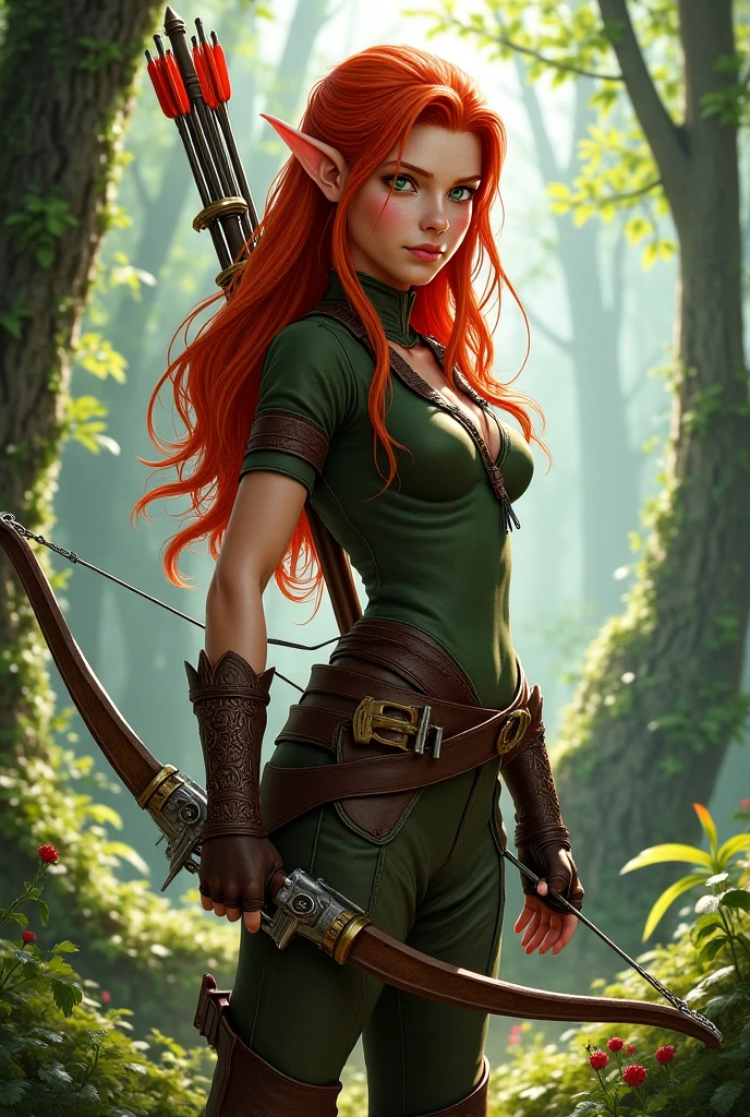 Dota2, windranger, green leather pants, brown light boots, cape with decorations on nature, leaves, redhead, looking at observer, quiver and bow, athletic body, squating, green lights, realistic, Yekaterina Astájova