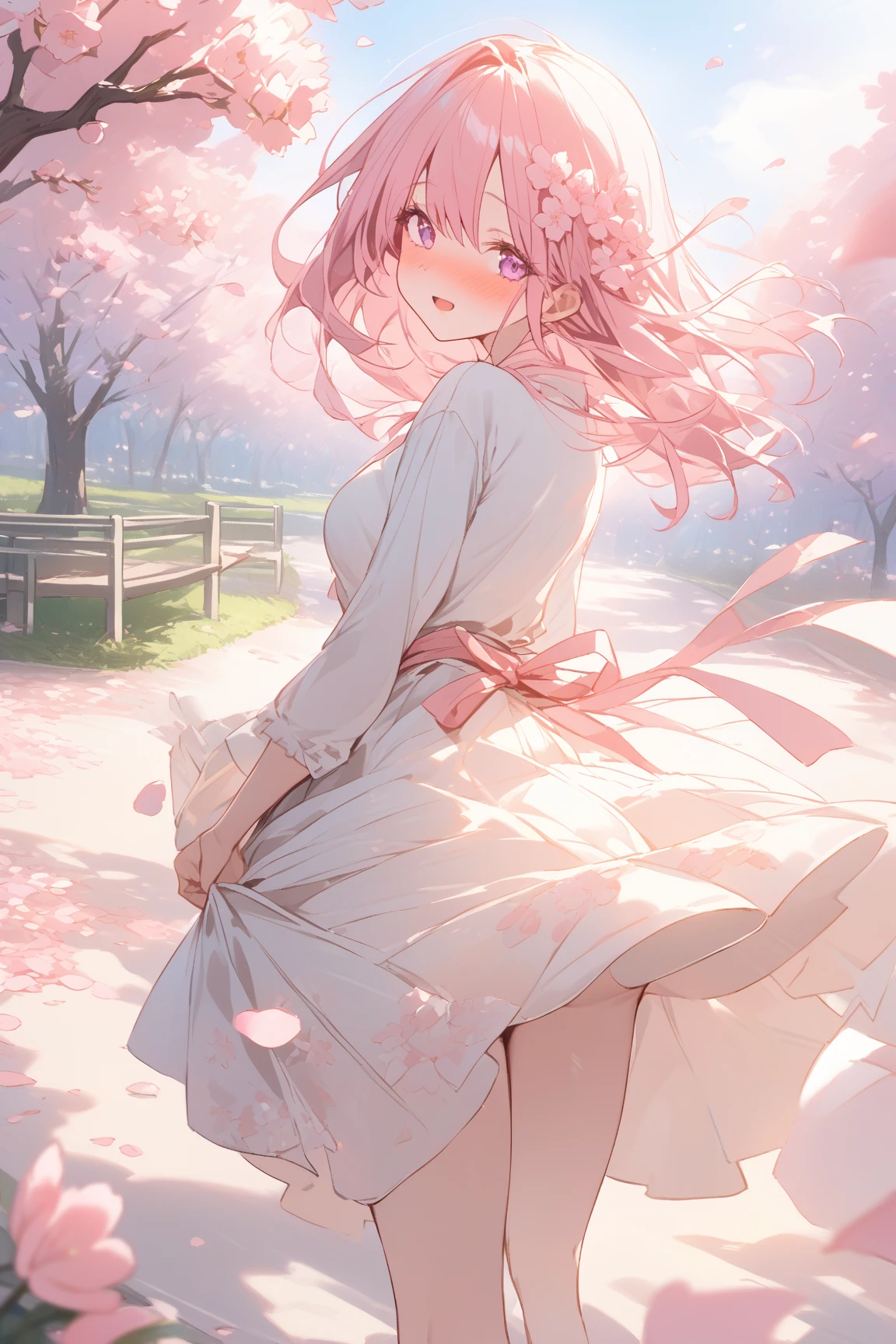 masterpiece, best quality, highres, 1girl, solo, <lora:beautiful_detailed_eyes:0.5>, smile,cowboy shot , <lora:GoodHands-beta2:0.7>, ShunaTensura, low-tied long hair, oni horns, <lora:ShunaTensura:1.0>, field, flower field, smile, miko, red hakama, tabi, cherry bloosom, pink flower, pink field, shrine, temple, smile, arms behind back,