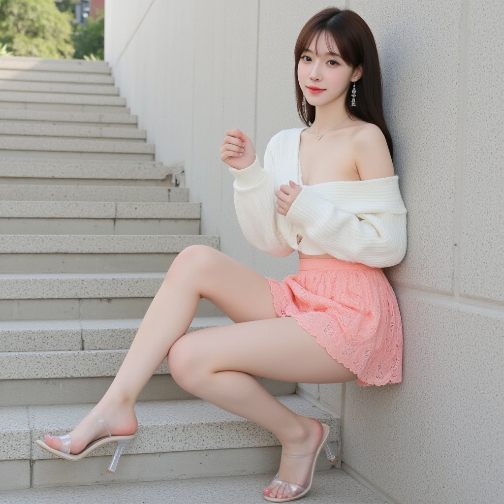 Woman sitting on the stairs with her handbag and shoes, City Girl Fan Art,8k、RAW Photos、highest quality、Real、Photorealistic、Professional Lighting、mix4、20d、Beautiful Teenage Woman、1 female、Big beautiful eyes、Larger breasts、White off-shoulder、Red checked miniskirt、Black fluffy semi-long hair