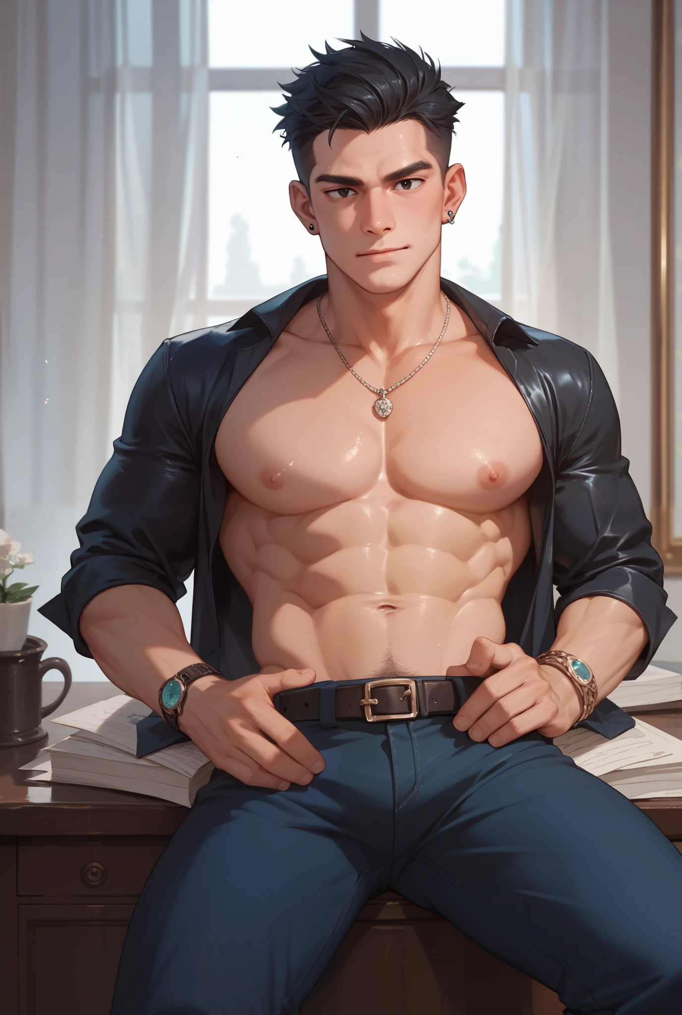 1boy, extreme realistic very handsome young boy, having very realistic well defined body shape features and well defined abs and packs, wearing transparent white shirt, male_focus, muscular, muscular_male, solo, bara, pectorals, pants, short_hair, navel, large_pectorals, abs, nipples, sitting, jacket, white_pants, open_clothes, window, indoors, looking_at_viewer, open_jacket, parted_lips, brown_hair, black_hair, bare_pectorals, bangs