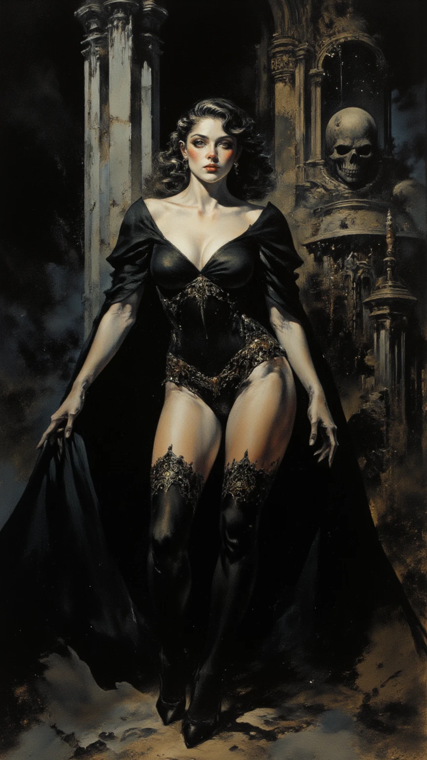 (Masterpiece), High Quality, 1woman, Vampira, Asian woman, black hair, winged eyeliner, satin dress, James Jean style, comic book art, full body portrait, (Shiny skin), (8K Wallpaper, High resolution), Detailed Anatomy, Comic book lighting, Inked shading, Highly detailed faces, Expressive eyes with intricate details, (Winged eyeliner accentuating the eyes), Sculpted cheekbones, Red lips, Winged collar on the dress, Intricate details on the dress, (Depth of field), (Dynamic lighting), (High quality shadows), (Satin material highlighting her curves), shiny slick sleek oily glossy oiled dress