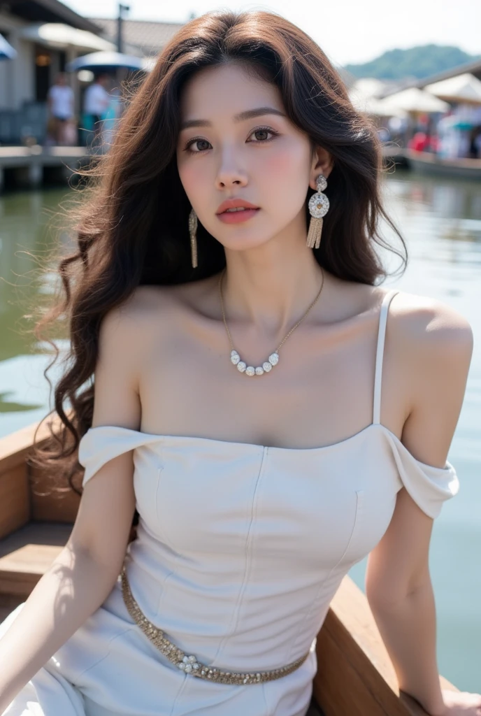 1 girl solo, (8k, RAW photo, best quality, masterpiece:1.2), (realistic, photo-realistic:1.4), (extremely detailed CG unity 8k wallpaper), (blurry_background:1.3), blurry_foreground, depth_of_field, (ultra-detailed), (best illustration), (best shadow), ultra-high res, close-up photo, (detailed face:1.4), makeup, beautiful eyes, good-looking, long hair, full body, (colorful short shirt with off shoulder and lace trim:1.2), cleavage, small breasts, slim, perfect skin, Asian, standing, beach, seashore, palm_tree, water, summer, professional lighting,lalisamanoban