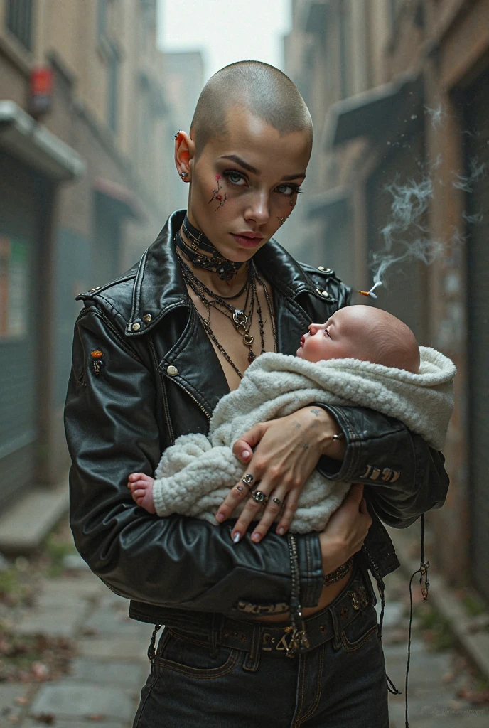 Beautiful mafia woman would be,with a cigarette in his mouth, white hair color pulled back,neck tattoos,dressed in a black suit carrying a 6-month-old baby