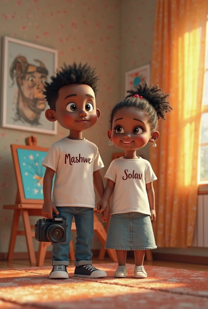 Photorealism of a short, black-haired white girl wearing a t-shirt with an N, and a tall dark-skinned boy, strong, brown eyes with. A t-shirt from una M