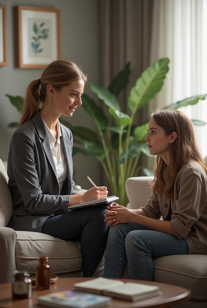 teenage girl with curly brown hair and white skin talking to a psychologist