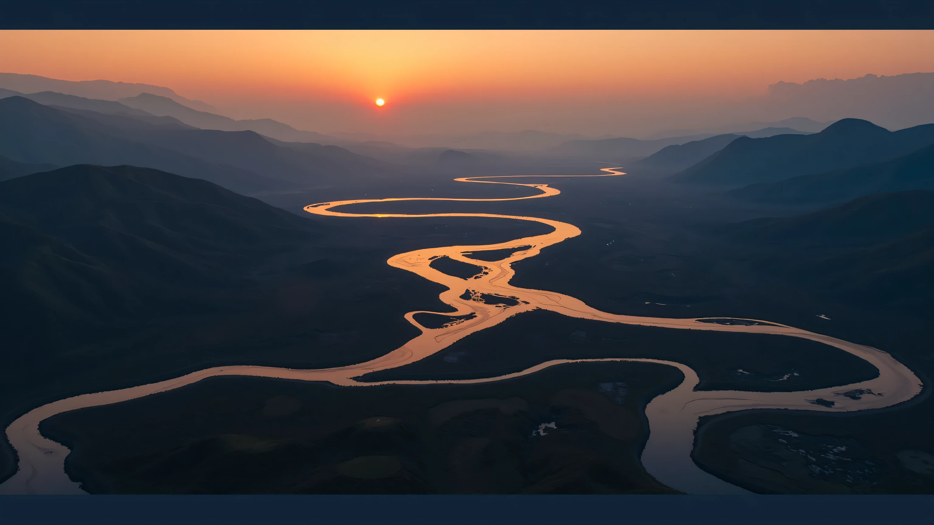 An image of a spectacular sunset landscape,The image shows a winding river,Flowing through vast plains。The sun slowly sinks on the horizon,The sky shows a warm orange and gold gradient。The lens uses a bird's-eye view,captures the curves and reflected light of the river,enhances the depth and fluidity of the picture。The mountains in the distance are vaguely visible,enhances depth of field and hierarchy。The light shines at an angle from the left side of the screen,A soft contrast of light and shadow,highlights the brightness of the river through the vast plains。The overall tone is warm ,conveys the majesty and serenity of the mountains Natural beauty。