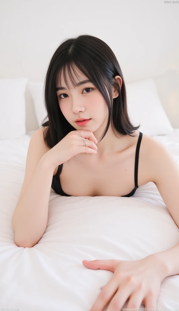 (64k, RAW photo, best quality, masterpiece, realistic, photo-realistic:1.47), photo of a pale skin girl in a black lace micro cami, solo, Natural(big breasts), fair skin, (see-through:1.25)micro lace panties, lying on the bed, ((lying)), medium hair, messy hair, narrow waist, nose blush, dynamic pose[open legs, spread legs], slim legs, erotic,