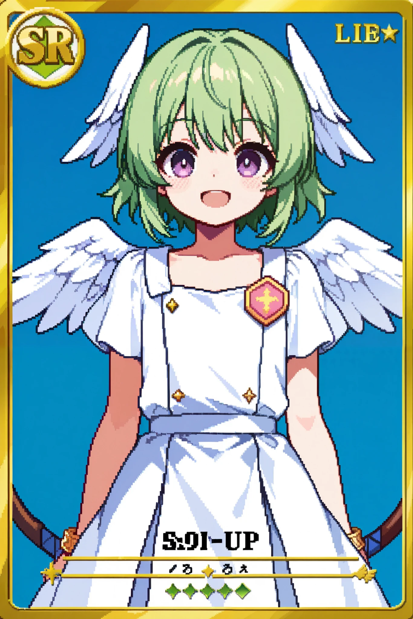 score_9, score_8_up, score_7_up, source_anime, 1girl, solo, pixel art, playingcard, elite rank icon, E, trading card, card_(medium), RPG stats, cupid, 1boy, solo, otoko_no_ko BREAK
Green hair, bangs, purple eyes, young boy BREAK
Greek clothes, white outfit, angel wings, head wings, bracelet, feathered wings BREAK
Looking at viewer, smile, open mouth, upper body, portrait, simple background, blue background, standing, looking at viewer, holding bow_(weapon)