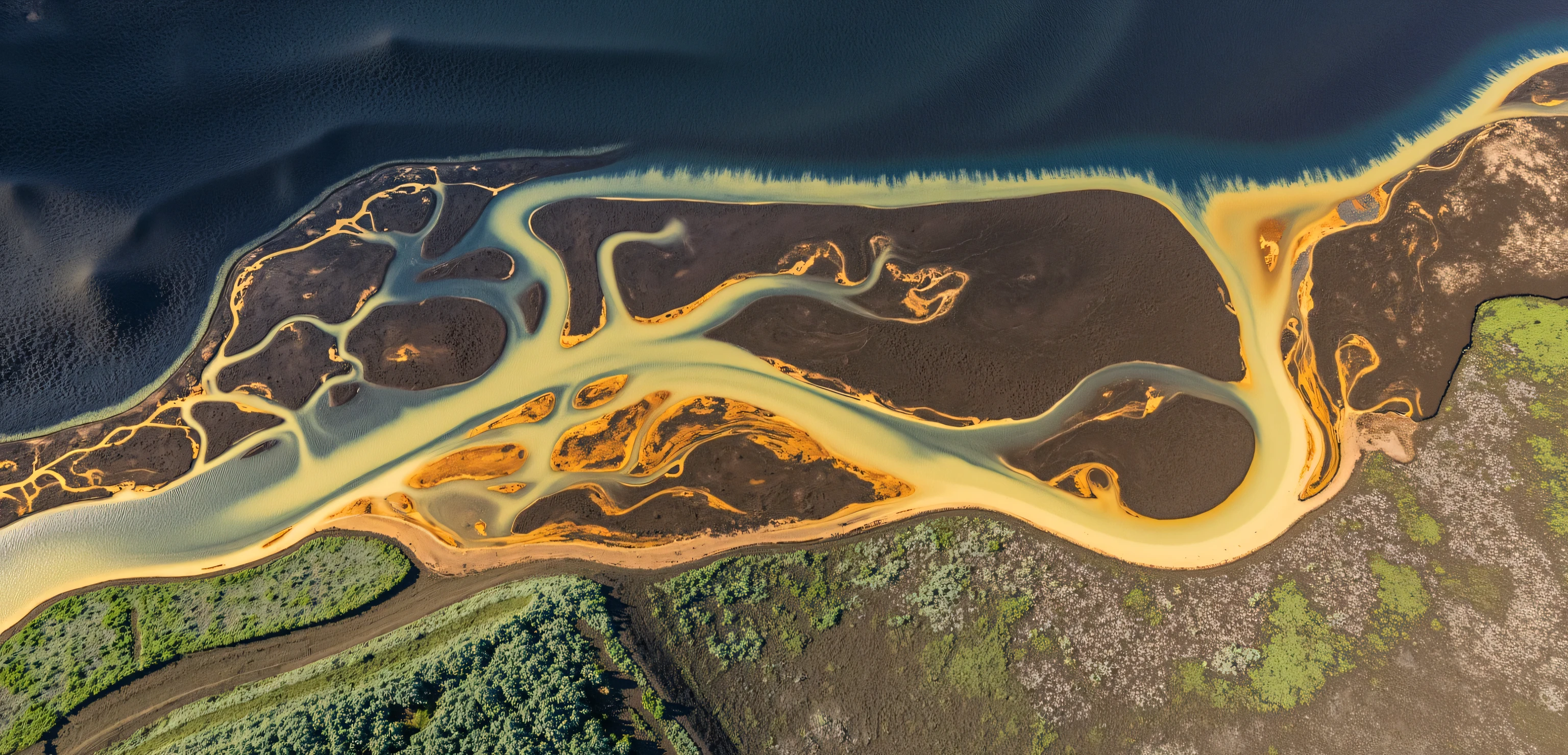A river landscape image from a bird's-eye view,The picture shows the interweaving of winding rivers and colorful landforms。The river presents a contrast between dark blue and light yellow,As if drawing a natural painting on the earth。The ground has rich textures and color changes,From dark brown to green,Showing the diversity of the earth。The camera looks down from a high altitude ,Capturing the fluidity of the river and the details of the landform,Enhance the layering of the picture。 soft light,Highlighting the luster of the water and the texture of the ground。The composition focuses on the contrast of colors and the fluidity of lines,Giving people a visual experience of the blending of nature and art。The overall style should be natural and artistic,Conveying the magnificence and harmonious beauty of the earth。