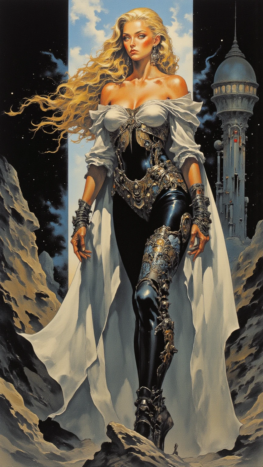 painting of a woman in a red cape sitting on a rock, poster art by Clyde Caldwell, tumblr, fantasy art, 8 0's fantasy art, 1980s fantasy art, 8 0 s art, 8 0's fantasy movies, barbarella, as a retrofuturistic heroine, drew struzan tomasz alen kopera