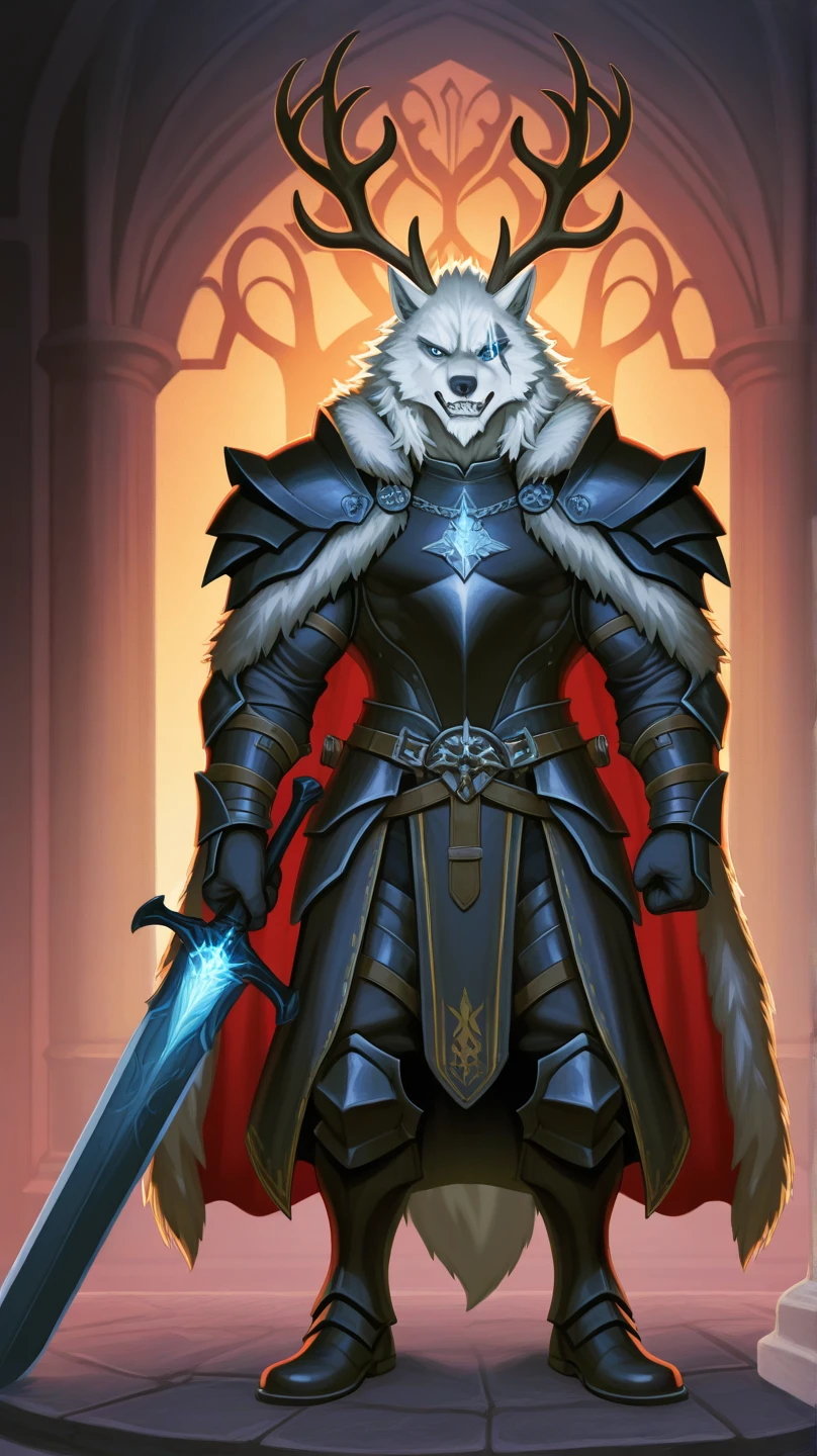 Art anime Cartoon,furry Masculine,black body,Skeletal wolf face,furry ears,black sclera,blue iris,Big black tail,Lifeless facial expression,Old leather armor parts,Currents in the bady,Dungeon cartoon scenery.