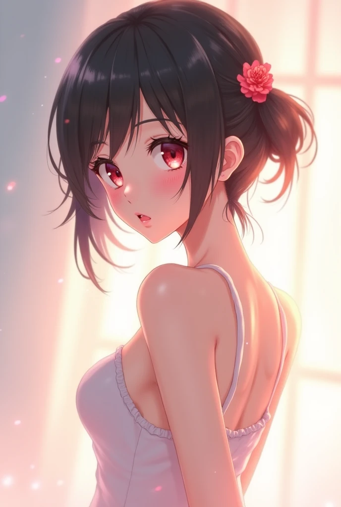 nsfw,large breast,black hair,short hair,nude,red bikini,shoot from front,looking at viewer,upper body,sexy pose,glistening body
