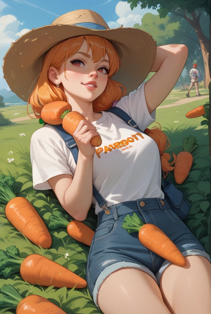 Woman and rabbit hybrid, eating a carrot, wearing a white swimsuit 