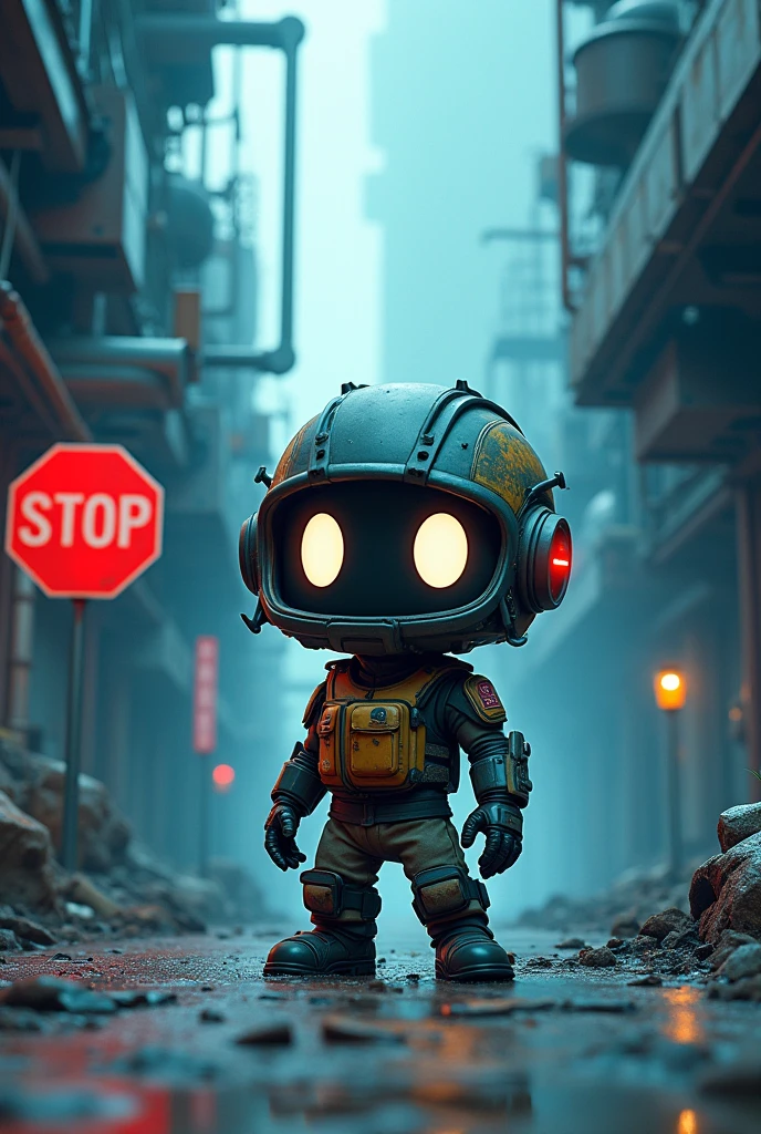 A Modern flat toon Crazy whit a Big ONE a Only Eye Robot and helmet Style, tongs in hands, Tv head, pinhead, camouflage PINK Rusty, Ambient in a meteorite crater super detailed, center, beautiful, soft lighting, focused on the character, 4K resolution, photorealistic rendering,