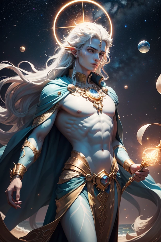 watercolor style, vibrant watercolor, use tetradic colors, Djinn, focus on face, holographic glow, fantasy art, lots of thunderbolts, (arabic desert environment), a Djinn is a blue skinned magical entity with pointy ears, male, sharp focus, ((glowy white eyes)) magical, art by MSchiffer, concept art