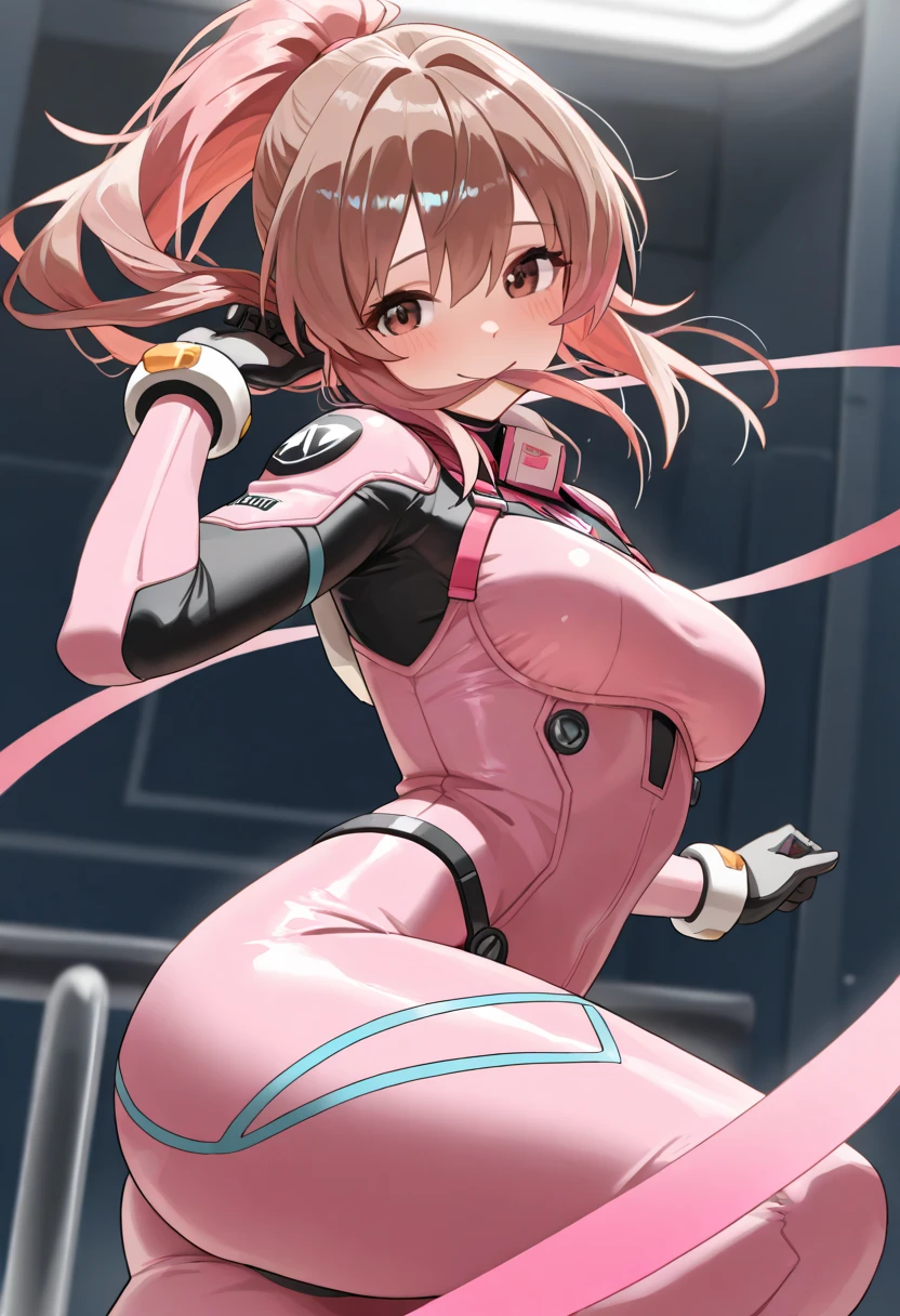 masterpiece, best quality, ultra detailed, anime style, 1girl, young, cute, medium hair, chocolate hair, pink eyes, (large breasts:0.21), tight suit, legs free, arms free, colored suit, printed suit, futuristic room, neon light, warm, beautiful face, happy, cowboy shot, random pov