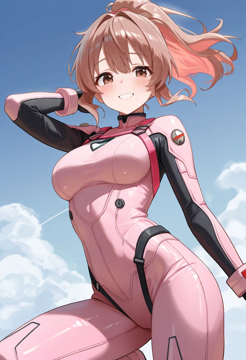 ((masutepiece, Best Quality, hight resolution, nffsw, Perfect Pixel, depth of fields, 4K, )), 1girl in, Solo, , Beautiful anime girl, Beautiful Art Style, close up, Looking at Viewer, Perfect body, Yuigahama Yui, Short hair, single hair bun, pink hair, (large boob), Full face blush, Smile, thighs thighs thighs thighs, plug suit, hair clips, hands on hips, white background, cowboy shot, Focus,