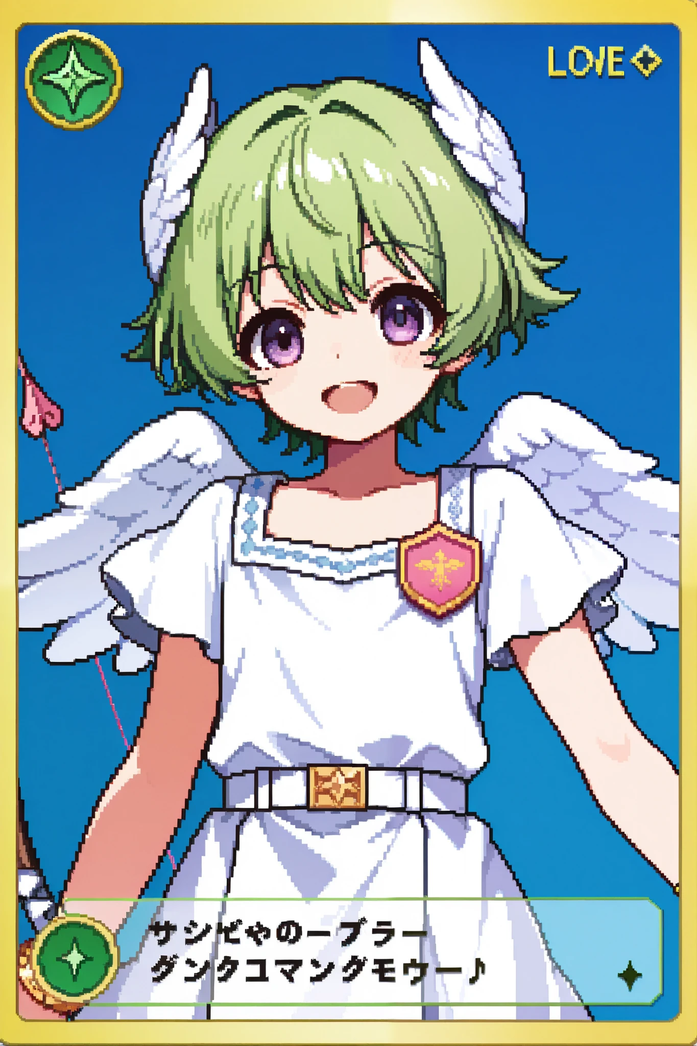 score_9, score_8_up, score_7_up, source_anime, 1girl, solo, pixel art, playingcard, elite rank icon, E, trading card, card_(medium), RPG stats, cupid, 1boy, solo, otoko_no_ko BREAK
Green hair, bangs, purple eyes, young boy BREAK
Greek clothes, white outfit, angel wings, head wings, bracelet, feathered wings BREAK
Looking at viewer, smile, open mouth, upper body, portrait, simple background, blue background, standing, looking at viewer, holding bow_(weapon)