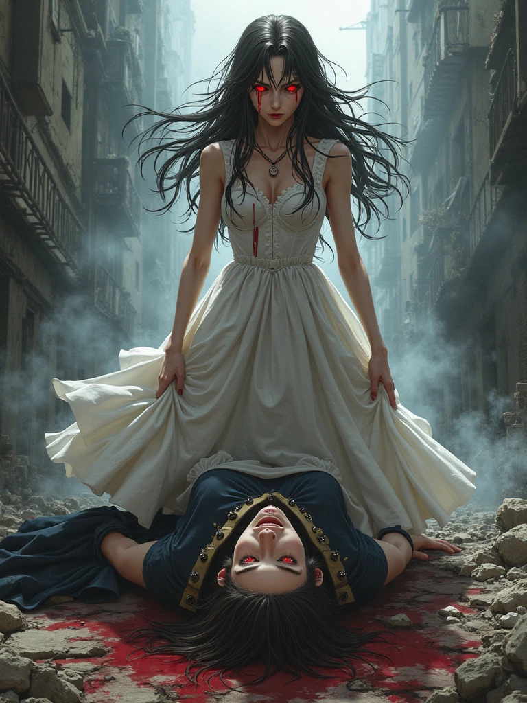 Murata_yuusuke, Boichi(mangaka),Murakami teruaki, fizrotart, sam yang, 2girls, (queen of hearts, AL), cyberpunk fairytale , (the queen of hearts of wonderland has pale skin, wears a tattered, ripped, bloody playing card theme cyber dress), (AL black woman, wears a black maidlike cyberpunk dressand neon apron), cinematic scene, perfect anatomy, perfect face, perfect hands, perfect physique, perfect lighting, perfect perspectives ,masterpiece, , 2d, sharp gradients, deep highlights, ultra hires animation, hyper-detailed human features, hyper resolution cel-shaded, best quality, expressive eyes, hyper-hdr, 8k, UHD, hyper- absurdres, hyper-aesthetic, depth of field,sensual dreadful atmosphere, skindentation, the queen of hearts defeated by Al , AL standing over the defeated queen, shattered glass, face up, knocked out, shatterd crown,blood splattered, scarred,bruised, broken body, defeated villainess, , "Rumble for Wonderland " bold techno text