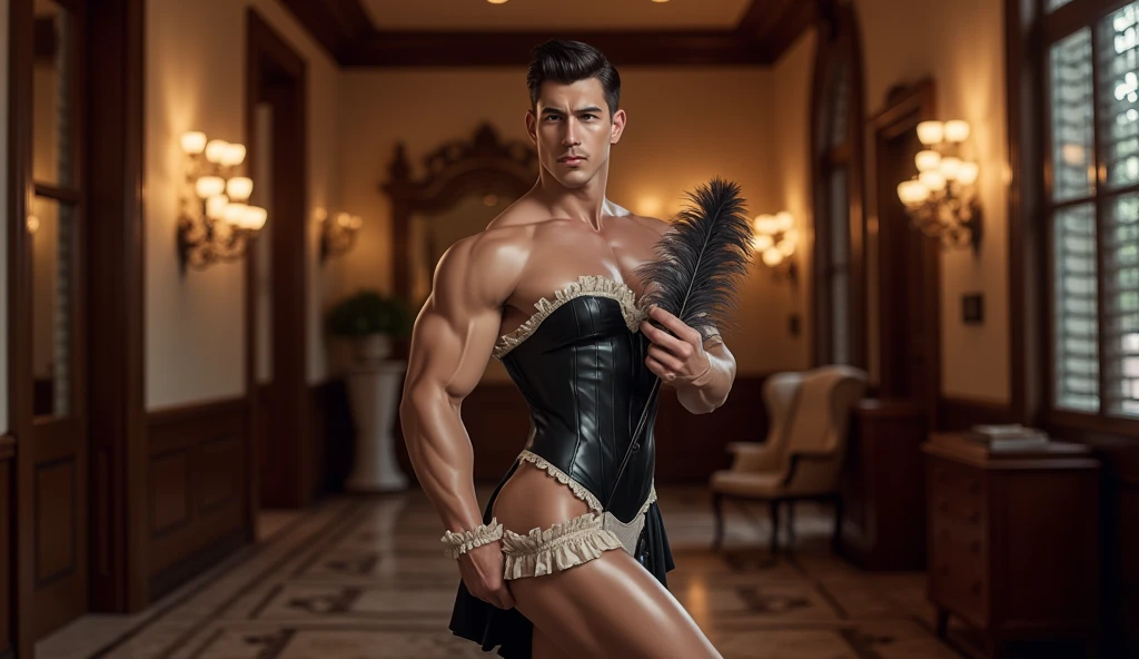 (masutepiece,High resolution,ultra - detailed:1.0),1(man,Robot man),Perfect male body,Look at the camera,Delicate eyes and delicate face,extremely details CG,Unity 8k wallpaper,intricate-detail,solo person,Detailed face, (chest harness, garter straps, Harness strap, neck strap , micro string thongs), Best Quality, hands visible, (White Gloves), short hair:1.5 , full length shot(fls) , big thighs , insane details, hyper details ,16k resolution , ultra-high clarity , hyperrealism, uhd,(K-pop idol shooting magazine cover photo), thick thighs, male , ((unrealistic wide hips , unrealistic wide pelvis )), ((only man , only male)) , ((ultra realism , ultra photorealism)) , (sexy , eroticism , nsfw) , mature man , pectoral