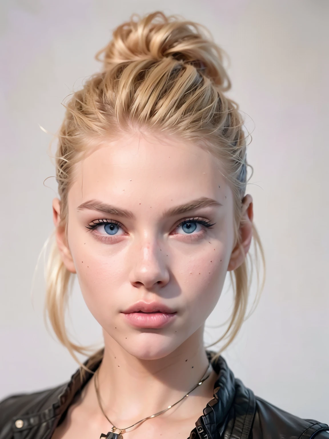 Full body standing photo (AlexiaThompson01R face) shows a beautiful girl with short blonde hair, slicked back hair, antenna hair, perfect face, perfect anatomy, best quality, young woman 26 years old, She has an athletic build, black jacket. white background.