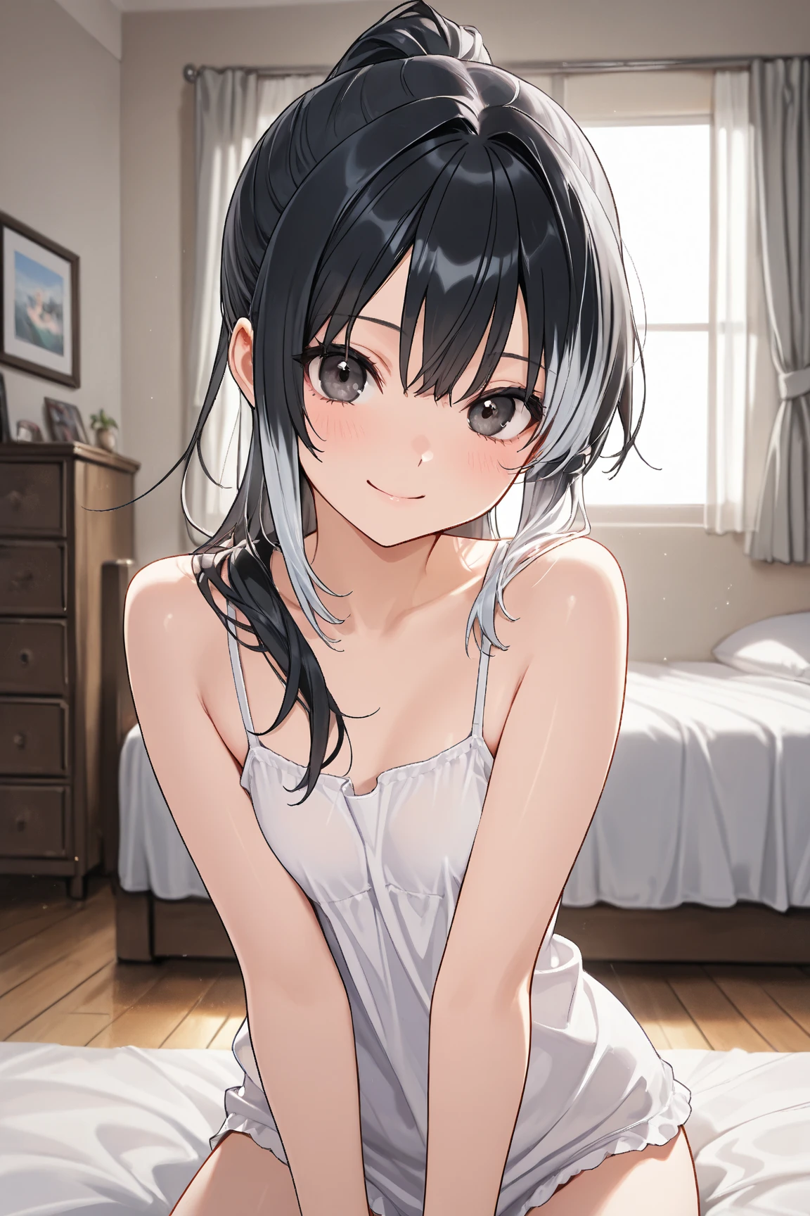 front view,looking at viewer, looking ahead,from above,cowboy shot,1girl,Beautiful 11 year old girl,Japanese,Slender,,low length,Small breasts,Thin legs,Small Ass,Baby Face,Small face,Black Hair,Row Twin Tails,Gray Eyes,Drooping eyes,middle School girls,sexy camisole,Sexy mini skirt,open mouth,tongue out,front face,Kneeling,Put your chin forward,Beautiful and detailed anime art,naughty smile,Sexy vibe,cum on tongue,Dimly lit room,On the bed,Simple Background,Gray background,Low lighting,finger to mouth