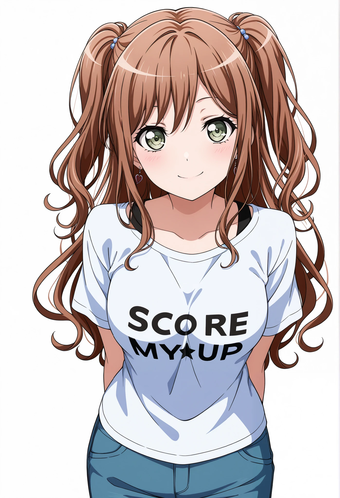 score_9, score_8_up, score_7_up, best quality, masterpiece, source_anime, anime coloring, anime screencap
BREAK
1girl, solo, imai lisa,,long hair, Short Twintail, Brown hair, dark green eyes, medium breasts, bang dream!, t shirt, Levis, smile, standing, looking at viewer, hand back, best quality, amazing quality, very aesthetic, Half body, white background,