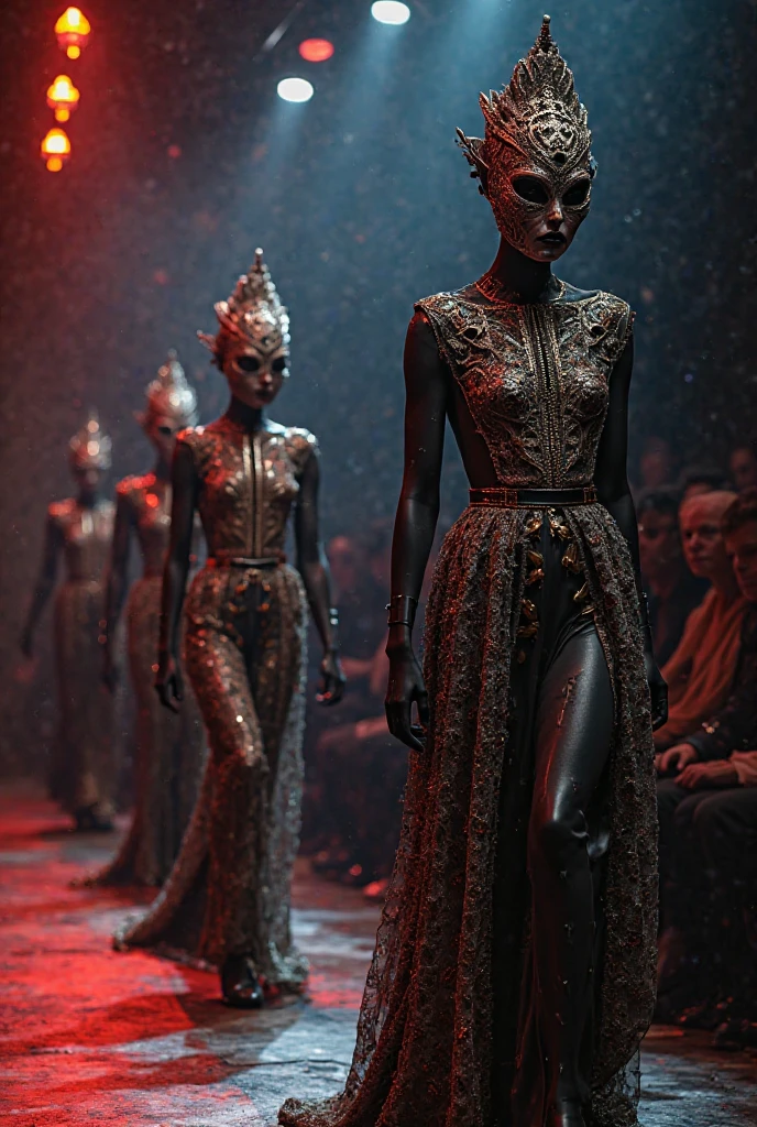 a weird fashion runway, by Jana Nedzvetskaya , by Gary Graham , by Eddy Downpatrick , cinematic, detailed face, perfect photography , esoteric, occult<lora:weird_runway:1.0>