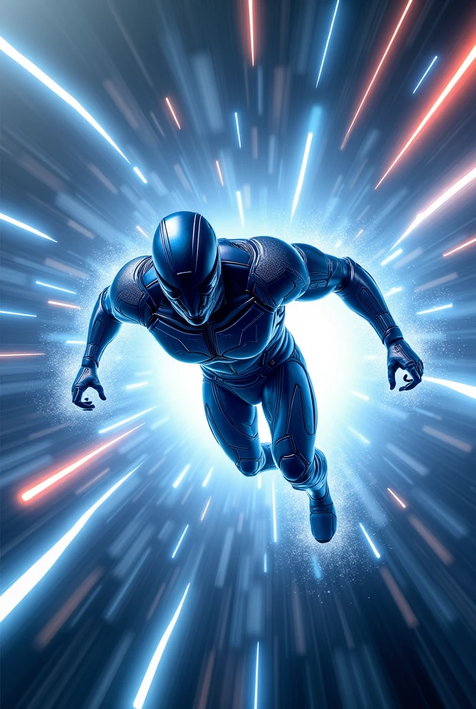 A scene in a cosmic and technological environment. Electron, a male character with technological and futuristic armor that covers his entire body tightly, similar to a sprinter&#39;s uniform, floats around the outer shell of an atom. He has
