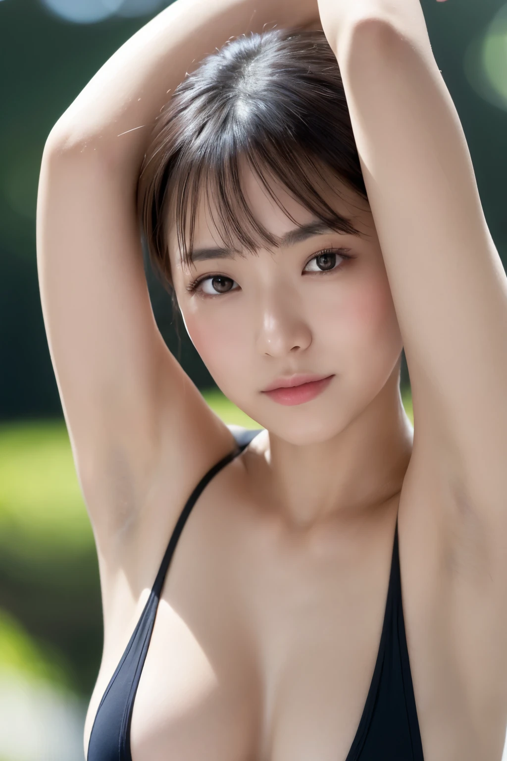 (((I like naked、Show me my armpits!!、Sunlight in the armpits:1.10、Oiled shiny armpits:1.10、slimy armpits:1.15)))、Raise your hands to show your armpits、Show underarms、Detailed armpit wrinkles:1.10、Realistic armpit skin、Show underarms、Armpit、A smile、Bright armpits、Oiled shiny armpits:1.20、Tecateca armpits:1.2 Blonde hair、Hair is short、blue eyess、Transparent white and wet nightgown、Nordic youth、perfect bodies、White muscle、glowy skin、Young and beautiful skin、Perfect beautiful face、Bright makeup、Thin pink lips、bright expression、1 girl in、Unbuttoned shirt、lipsticks、Colored inner hair、deceptive advertising、{steams}、Viewer Vision、Golden Hour Lighting、comic strip、Bokeh atmosphere perspective、detaileds、Movie Light、intricate-detail、hight resolution、 Detailed features of face design、High Details、Clear focus、SMOOTHNESS、aesthetics、High Details、printed、octane、{{masterpiece}}