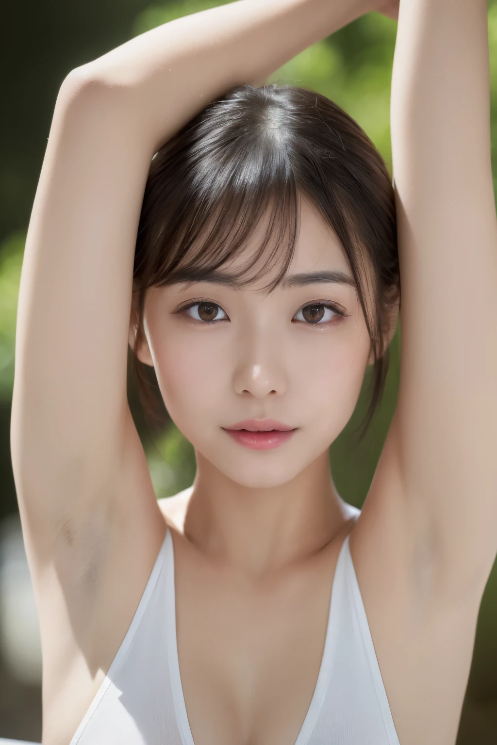 table top,Awards - winning photos, very detailed, edge orgasm, deeply carved face、Tank top、high nose with a pointed point,,,,,,,,,,,,,,,,,,,,,,,,strong nose、elongated nostrils、Skin shiny with sweat、Illumination that highlights the shine of sweat{realistic nostrils}, black haired、Hiding behind a telegraph pole on the side of the road、there are a lot of people behind me,There are several children nearby、well-shaped chest、expand the armpits,
