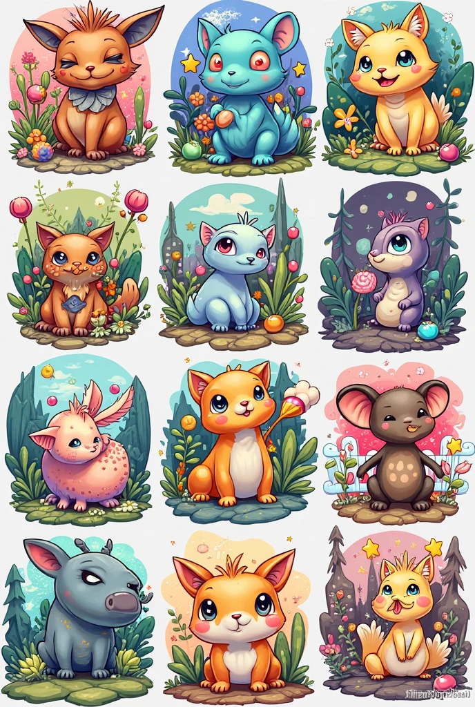 <lora:artfullyTILES_SDXL_V1:0.7>,icon collection arranged in a grid of a set of different colored creatures in different shape designs
