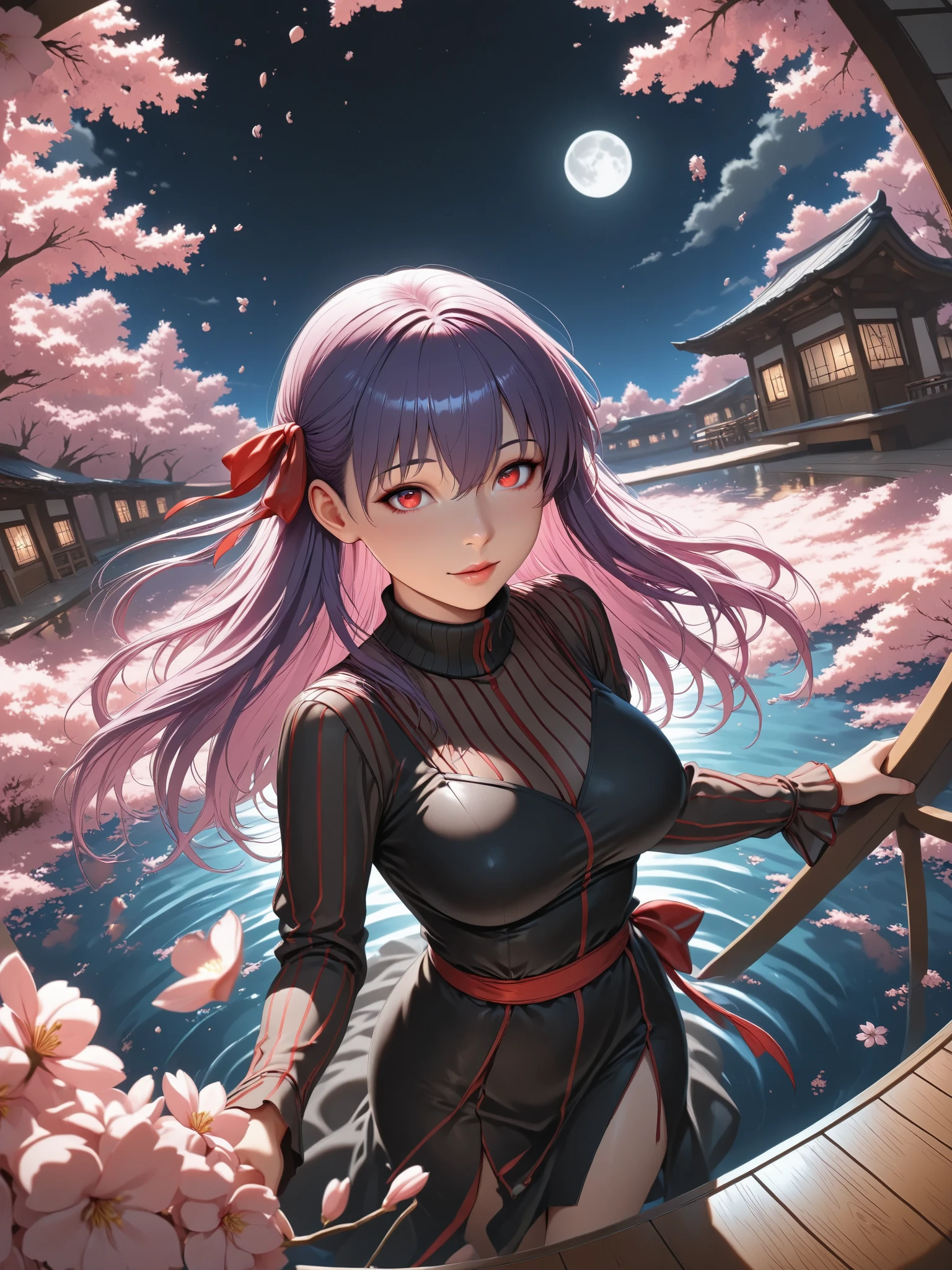 ((Best Quality)),( super high definition),(Super detailed),( detailed description ),((The best CG)),(masterpiece), source_anime,
Sakura _Matou, long hair, red eyes, purple hair, hair ribbon, red clear eyes, iris,dark persona, corrup tion,realistic,Cherry blossoms falling、Reflections on the surface of the water
dress, black dress, turtleneck, striped, long sleeves,
outdoors, moon, night, night sky, (she hold a bow and aim at a viewer)
looking at viewer, dutch angle, cowboy shot, (The floor is covered with water and reflects the cherry blossom scenery at night),(Fantastic Scenery:1.5),(the floor is covered with water:1.2), (fisheye angle from above:1.5),