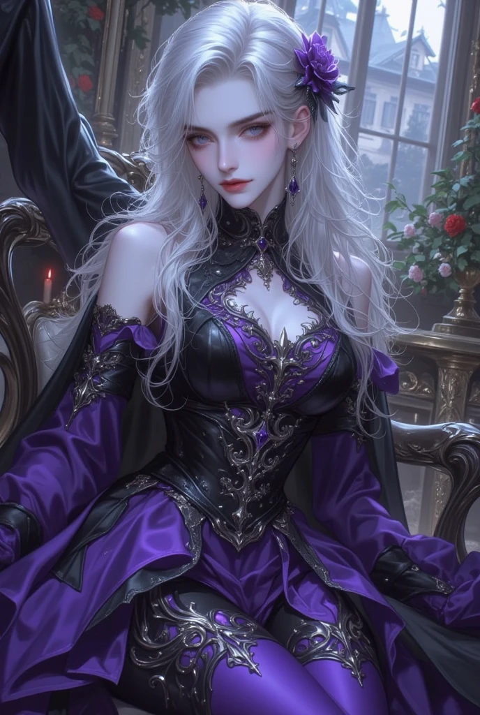 female vampire, dark cave background, purple eyes, white pupils, silver hair, fantasy colors, random beautiful dress, half body, dangerous, creepy look, masterpiece, ultra high details