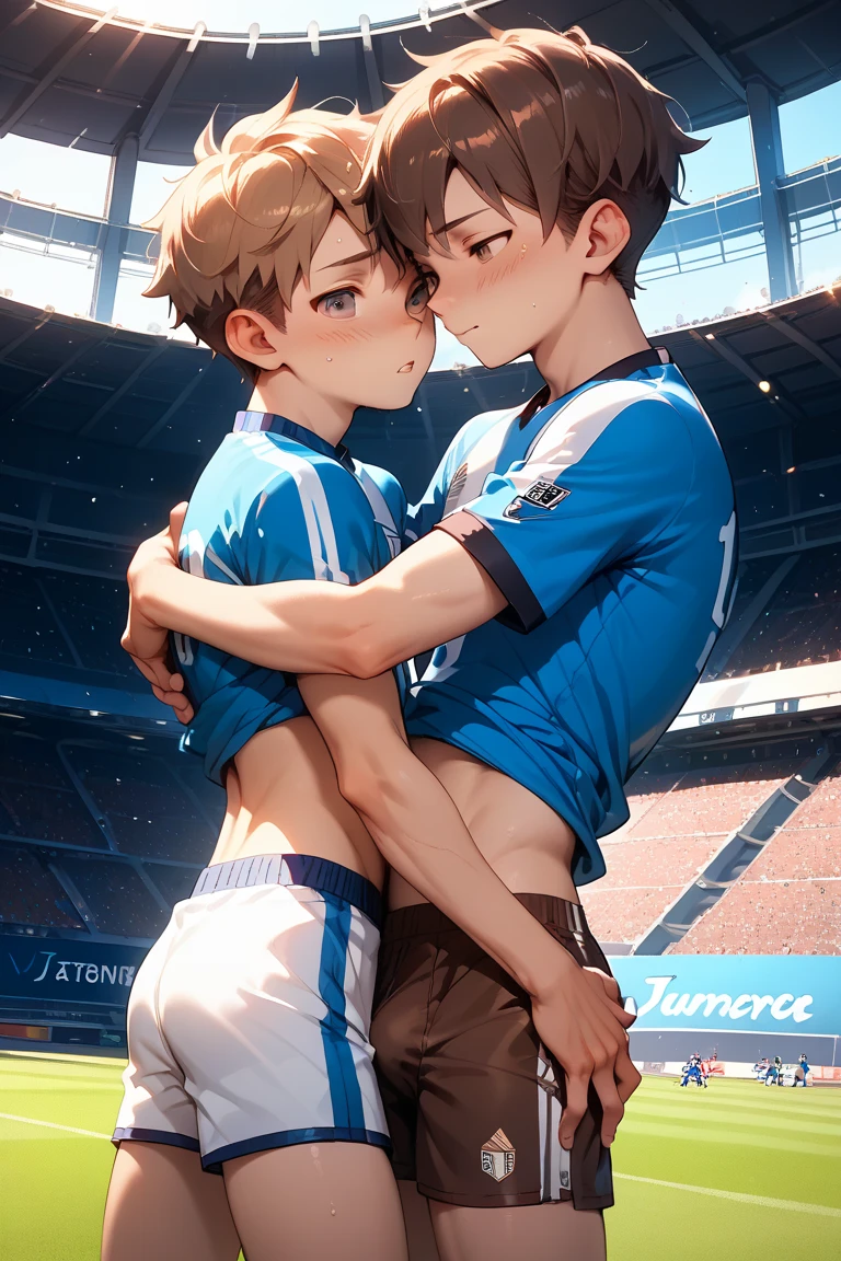 best quality, masterpiece, two muscular male soccer players, tearing each other's soccer uniforms off, motion blur, sweaty, fashionable hair, in gym locker room, looking at each other lovingly, dramatic lighting, dramatic shadows, sexy, gay, homoerotic, perfection, no watermark, no logo, no signature