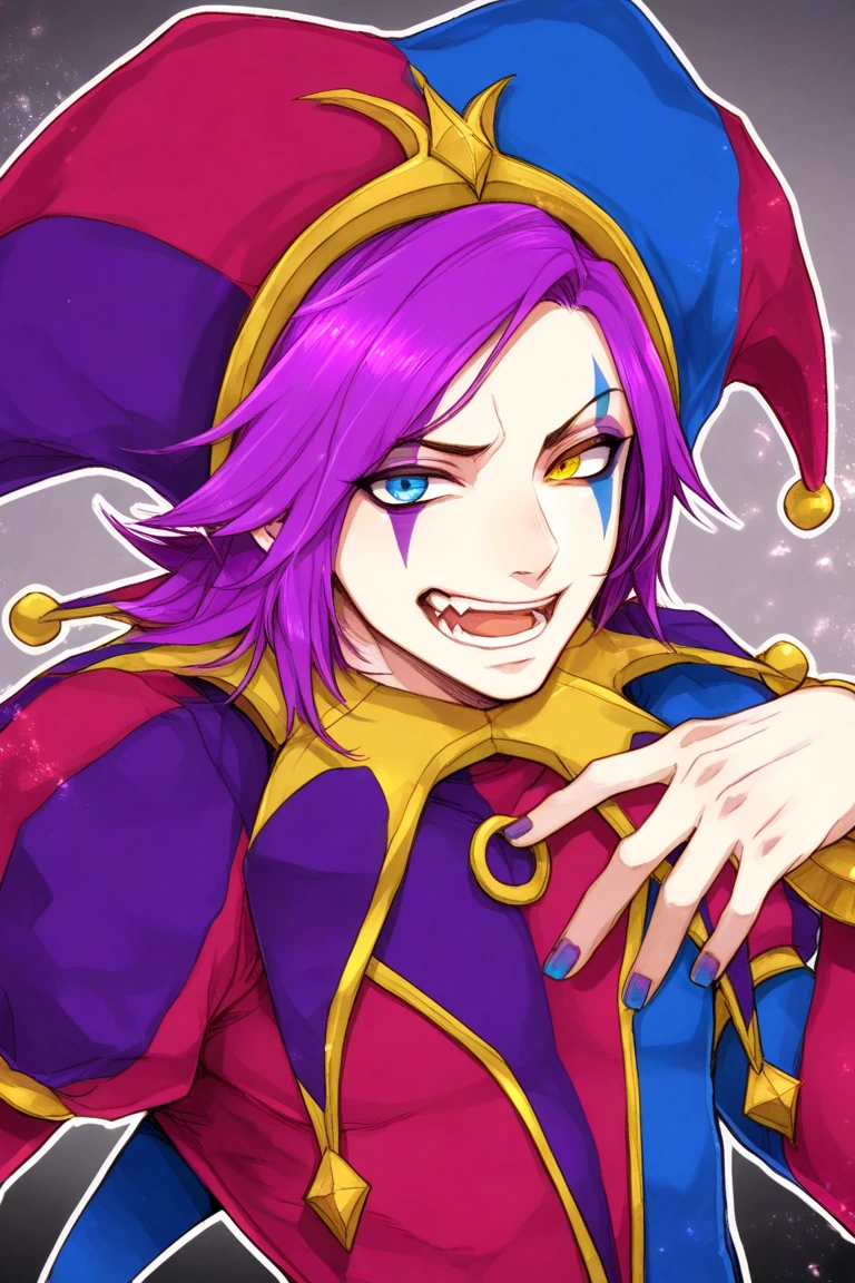 Shaco-like character, man, blood, evil smile, rotten teeth, colorful clothes, background with toys, bright and cold colors, 8k quality, cinematic focus