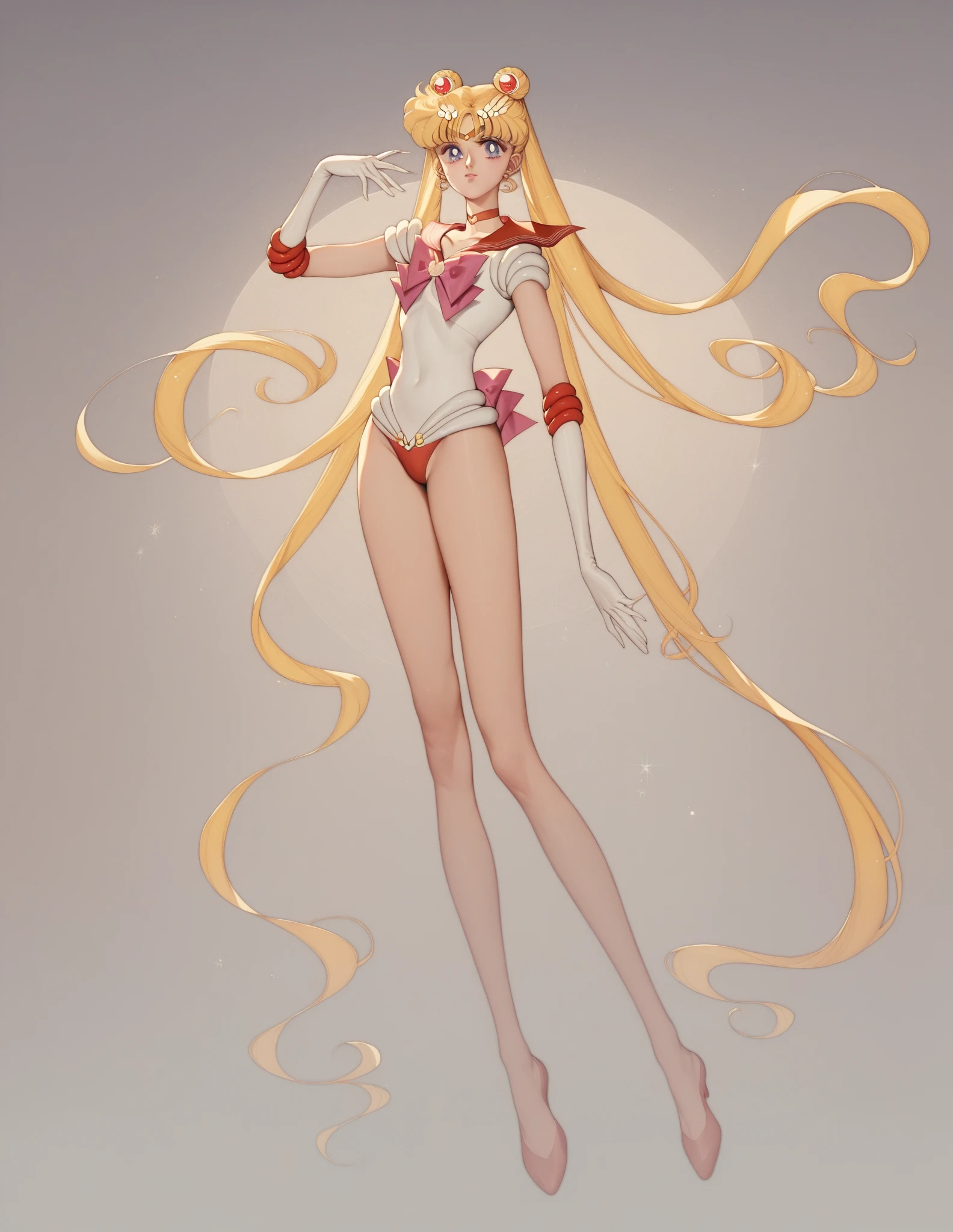 STICKER, (best quality, masterpiece), (solid outline:1.2), Dynamic Lighting, Sailor Moon, simple background, solo women, legs apart, full body portrait, long blonde hair, sailor moon cosplay, wavy hair, detailed face, smirking, medium breasts, model pose, shoes, Cleavage, face view, ass view, white panties, thong, hands behind body, white bra, big breasts