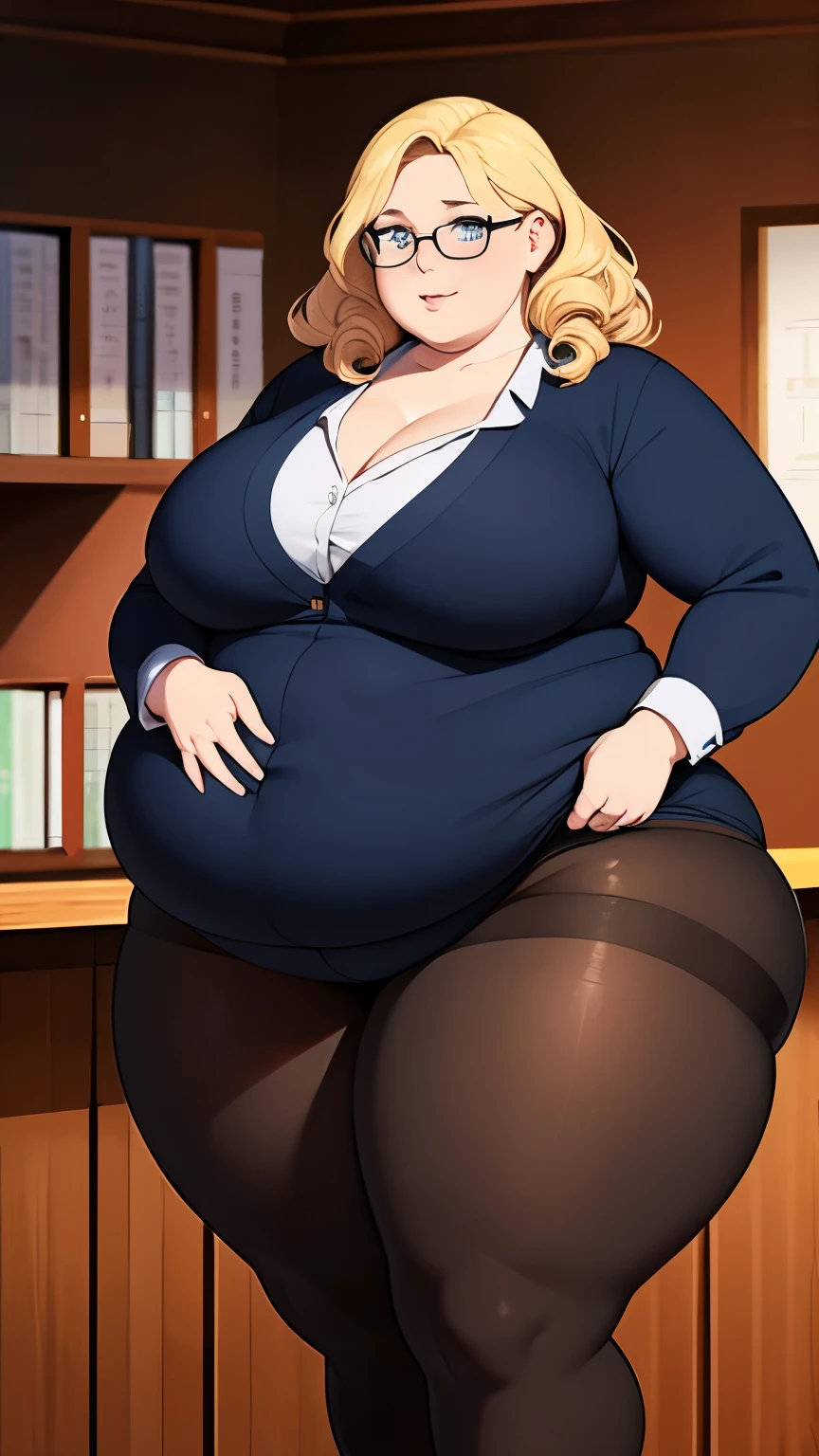 Anime Women, Lady、Forehead、Braid、Glasses、Hanging eyes、Brown eyes、Are fat、Chubby、Voluptuous、obesity、Double chin、Cheek、Fat-covered neck、Big Breasts、Saggy breasts、Thick upper arms、Fat Belly、Sagging belly、tall、Dark brown office suit、High heels、Sweat、Embarrassed、Exercising