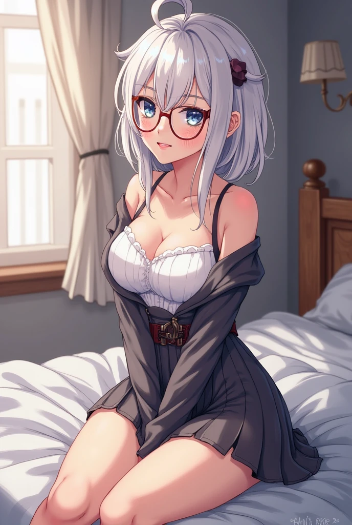 1Girl, Solo, Anime, Ideal body, down blouse, laced blouse, oversize, loose. (Small breast:1.1), (Hard nipples:1.1). Beautiful, Gorgeous, Fresh, Blunt Bangs, (White Grey Hair:1.5),(Straight and Wavy Long Hair:1.3), casual, eyeglasses, mini skirt, Comfort, cotton Texture. (Sit on bed:1.3). Earrings, Thin Black Headband, Green Accessories, Environmental Details, Bed Room, Natural Light, Modern Bed, Chair, Window, White Curtain, City View. pov, anime style, UHD, retina, masterpiece, accurate, anatomically correct, textured skin. High Resolution, Looking at the viewer, Blush, Best Quality, Award Winning, Accurate, Embarrassed, seductive smile, sweating, naughty smile, Naughty Face, Naughty, Gradient Eye Color, Sexy Pose. Cowboy Shot, licking lips.