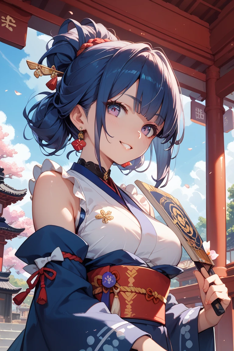(bluish navy hair:1.2),(short-cut:1.2),(Light red eyes:1.25),(With bangs),(First visit to a shrine:1.25),(colourfull:1.2),(Staring at me),(Japanese pattern clothing:1.4),(accessories like flowers and crystals:1.3),(Lower breast:1.5),(Transparent double sleeve long sleeves:1.5),(chest protruding from clothes,:1.4),(huge smile:1.3),(Smile with open mouth:1.35),(kawaii pose:1.35),Slight red tide,(Kamimei),(Close-up of face 1.7),(black and red and blue and purple:1.25),(front view:1.6),
