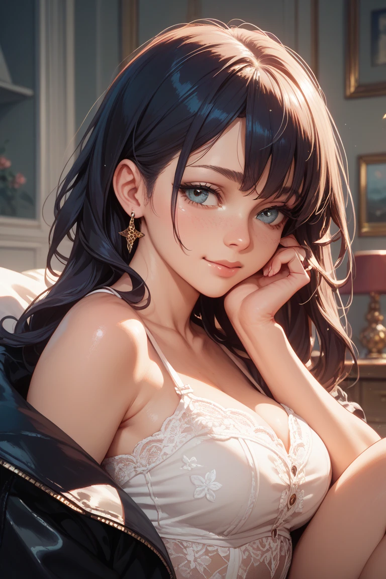 ((Best quality)), ((masterpiece)), (detailed: 1.3), beautiful woman, One girl, ((purple eyes)), Cinema Lighting, ((black hair, ponytail hairstyle, wavy hair, long bangs)), elf ears, earrings, piercing, tanned skin, ((pink short dress, off shoulders)), large breasts, cleavage, open clothes, thick ass, choker, necklace, beach, sitting, bedroom, pink walls, very detailed eyes, very detailed hair, very detailed clothes, very detailed face, beautiful eyelashes, sultry eyes, juicy lips, soft blush, posing sexily, provocative, looking at viewer, in love with viewer, very expressive face, smooth skin, freckles, natural eyebrows, soft smile