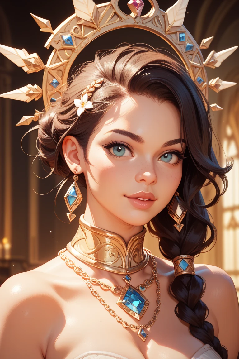 close-up of a beautiful female face, gorgeous eyes, intricate, cleavage, soft lips, smiling, naughty, seductive glance, freckles, crown, jewelry