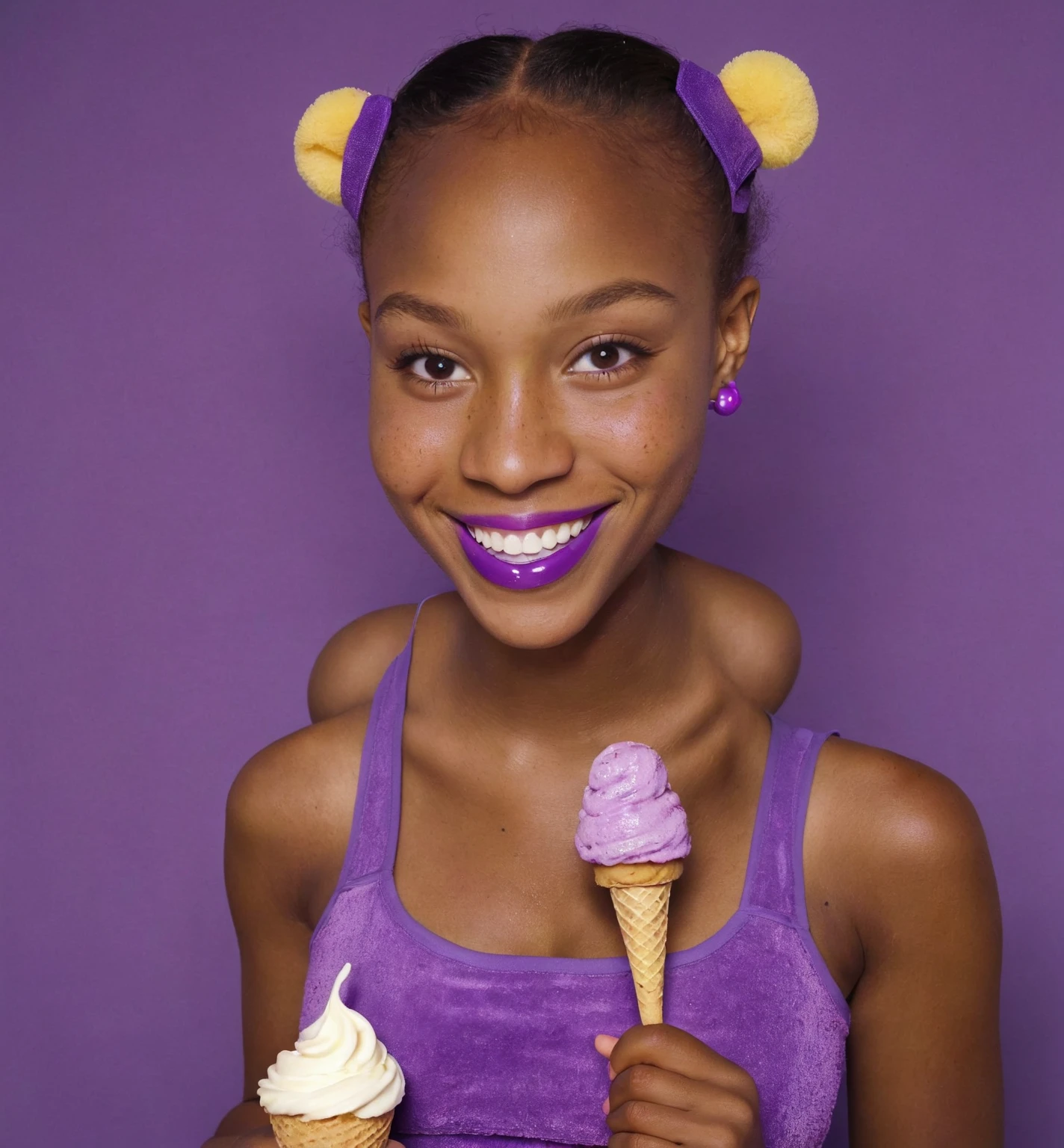 Beautiful African Girl with a coloured cotton candy on her head and cotton candy on her mouth 