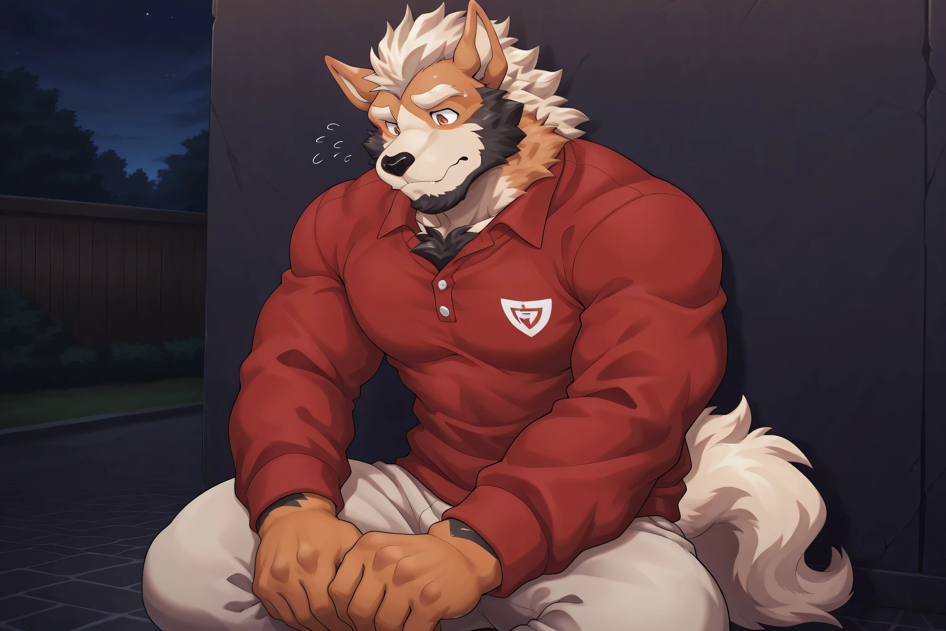 solo, 1boy, arcanine, (black beard:1.3), furry, bara, orange eyes, long sleeve red Polo Shirt, Chino Pants, Drooping ears, natural body proportions, closed mouth, sit on floor, outdoor, hands on knees, nervous, worried, backyard, leaning against the wall of the house, at night, score_9, score_8_up, score_7_up, cowboy shot