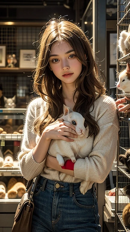 Anime girl with dark brown eyes wearing a long pink shirt and white skirt, has long brown hair and wears a pink ribbon in her hair, is holding a stuffed cat