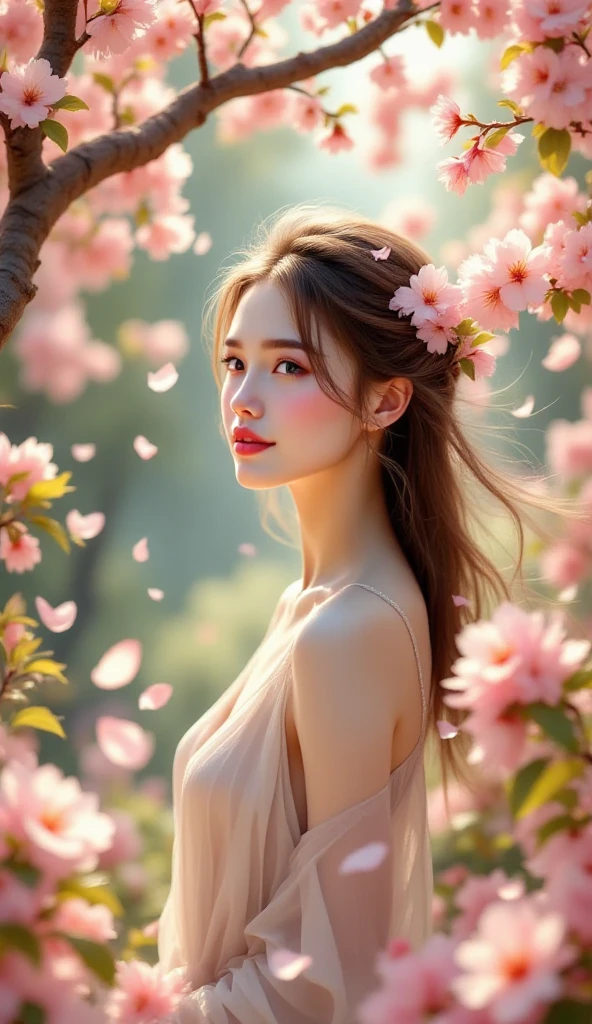 32k, Masterpiece, Highest quality, One girl, Brown Hair, Detailed eyes, flower,Freesia, Pink and navy style,A dreamy, romantic piece,Pale yellow, Mysterious Leaves,A playful arrangement,Fantasy,High Contrast,Ink strokes,explosion,Exposure, Impression of pink and navy tones,Abstract,((Watercolours by John Berkey and Jeremy Mann )) Brush strokes,Negative Space, Tyndall effect,