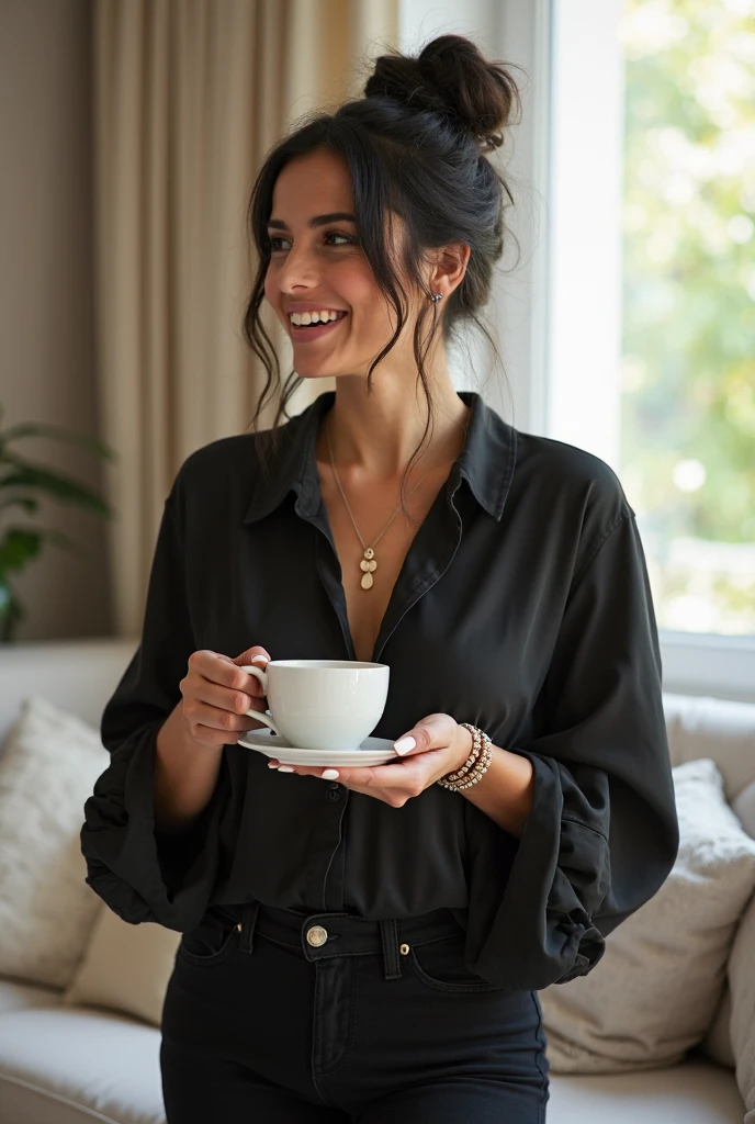 masterpiece, best quality, extremely detailed, hyperrealistic:1.1, photorealistic, a beautiful 20s russian model, ultra detailed face:1.1, black hair, black sweater, sunglasses on head:1.1, in luxurious cafe, in the morning, sitting at table with a wine:1.2, perfect hands, perfect fingers, laughing, eye closed